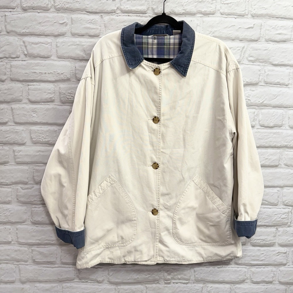 Vtg 90's Cherokee Barn Coat Sz L Corduroy Collar Chore Jacket Khaki Plaid Lined